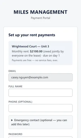 The portal's invitation page, showing the property, unit, and rent amount for a pending invitation, with fields to create an account.