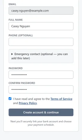 The invitation form filled in with a name, password, and the Terms of Service and Privacy Policy agreement checkbox checked.