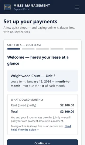 Setup wizard step 1, "Welcome — here's your lease at a glance," showing the property, unit, lease term, and monthly total owed jointly by three tenants.
