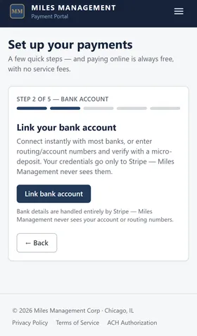 Setup wizard step 2, "Link your bank account," with an explanation of instant verification versus micro-deposit verification and a button to connect a bank.