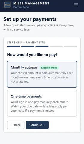 Setup wizard step 3, "How would you like to pay?" with two options: monthly autopay (marked Recommended) and one-time payments.
