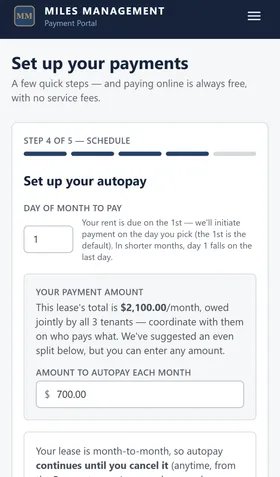 Setup wizard step 4, "Set up your autopay," showing the payment day field and an editable payment amount defaulted to an even three-way split of the lease total.