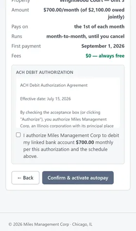Setup wizard step 5, "Review & confirm," listing the property, amount, payment day, schedule, and first payment date, with the ACH debit authorization checkbox below.