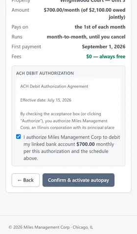 The ACH debit authorization checkbox checked, confirming authorization to debit the linked bank account for the amount and schedule shown above.