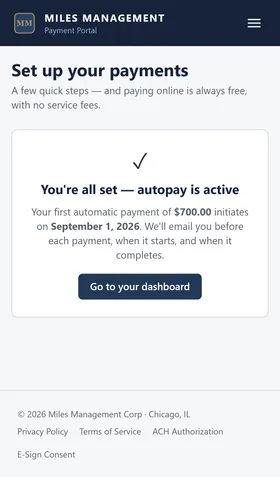The setup wizard's confirmation screen: "You're all set — autopay is active," showing the first automatic payment amount and initiation date.