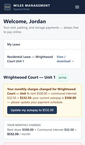 The tenant dashboard showing a "My Lease" card with a link to view or download the lease document, above the current balance and payment details.