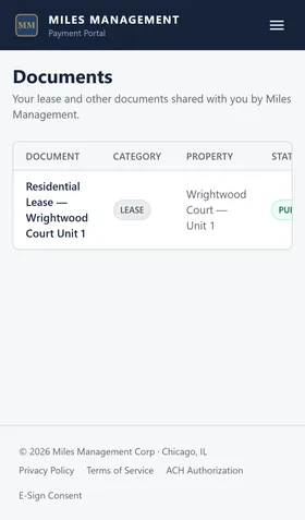 The tenant documents page, listing shared documents with their category and status.