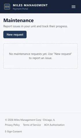 The tenant maintenance requests page, listing submitted requests with their status.