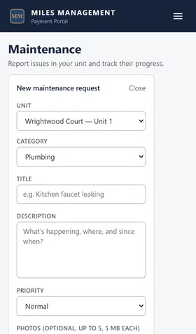 The new maintenance request form open, with fields for a title, category, priority, and description.